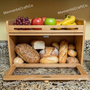 Countertop Wooden Bread Box with Raised-Rail Top Shelf, Large Bread Box, Snack Box, Bread Bin, Bread Holder, Bread Storage, Cake Holder