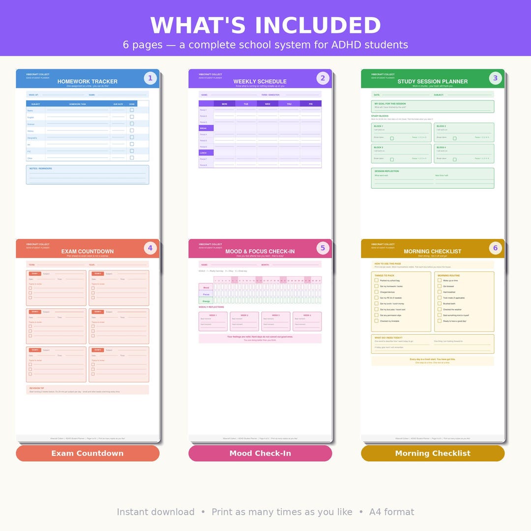 ADHD Student Planner Printable PDF | Homework Tracker, Study Planner ...