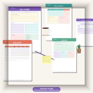 Puede incluir: Una colección de páginas de planificador coloridas, que incluyen un planificador diario, una descripción general semanal, un rastreador de hábitos y una hoja de lluvia de ideas. Las páginas tienen secciones para tareas, bloques de tiempo y notas. También hay una taza de café, un lápiz y una pequeña planta.