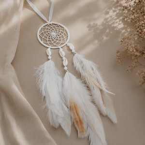 Op de afbeelding: Een witte dromenvanger met een cirkelvormig geweven webframe, drie hangende strengen versierd met kleine witte kaurischelpen en lange, zachte witte veren met subtiele beige accenten aan de onderzijde van de veren.