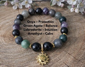 Solberlockskristallarmband – Skyddande och balanserande ädelstensarmband – Onyx, Ametist, Labradorit, Grön Agat