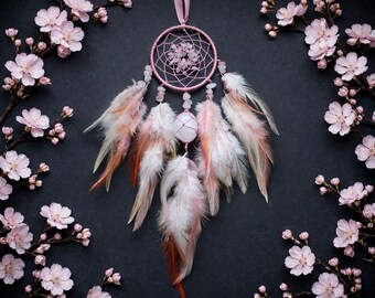 Handgjord liten drömfångare i rosa rosenkvarts - Andlig gåva, Boho-inredning
