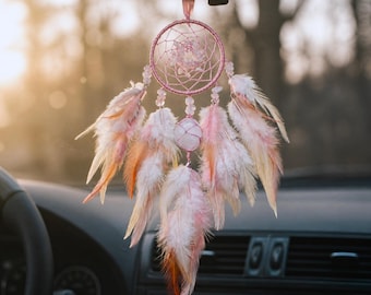 Liten rosa drömfångare med rosenkvarts | Bilberlock Boho hängande dekoration