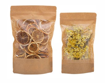 Bolsa Doypack Kraft con Ventana, Bolsa Stand Up con Cierre Zip para Café, Té, Frutos Secos, Galletas y Snacks