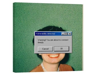 Retro pop art canvas print, vintage portrait with computer error popup, green textured background, mid century modern aesthetic wall art