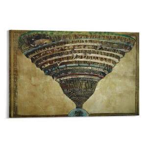 May include: A framed print depicting a detailed, multi-layered illustration of a conical structure, possibly a depiction of hell. The artwork features various figures and architectural elements in shades of brown, green, and red, set against a textured, golden background.