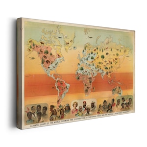 May include: A vintage-style world map titled CLIMATIC CHART OF THE WORLD, SHOWING THE DISTRIBUTION OF THE HUMAN RACE AND THE ANIMAL & VEGETABLE KINGDOMS. The map features colorful illustrations of animals, plants, and human portraits across continents.