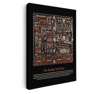May include: A rectangular wall art print featuring The Studley Tool Chest, a wooden cabinet filled with various hand tools arranged in a complex, organized layout. The chest is set against a black background with descriptive text at the bottom.