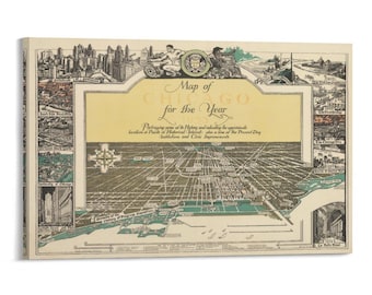May include: A vintage map of Chicago for the year 1933, presented on a canvas. The map features detailed illustrations of the city's layout, landmarks, and surrounding areas. The text "Map of Chicago for the Year 1933" is prominently displayed.
