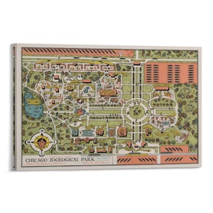 May include: A vintage map of the Chicago Zoological Park, featuring a detailed illustration of the zoo layout. The map includes a compass rose, and the text "Chicago Zoological Park" is displayed prominently. The color palette includes greens, oranges, and browns.