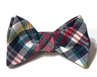 Navy Madras Plaid Bow Tie | Handmade Men’s Self Tie or Pre-Tied Bowtie | Classic Plaid Pattern Formal Wear | Groomsmen Wedding Gift