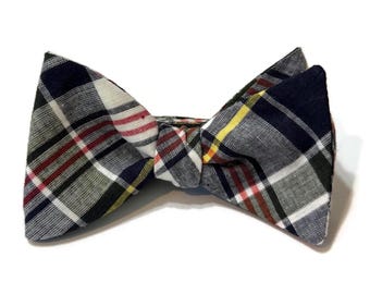 Navy Madras Plaid Bow Tie | Handmade Men’s Self Tie or Pre-Tied Bowtie | Classic Plaid Pattern Formal Wear | Groomsmen Wedding Gift
