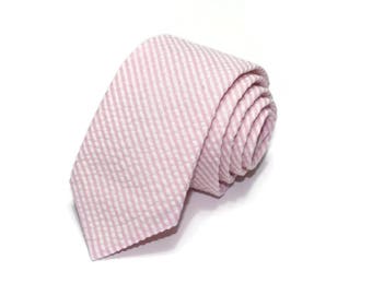 Pink Stripe Seersucker Necktie~Cotton Necktie~Anniversary Gift~Wedding Tie~Mens Gift~Cotton Tie~Mens Tie~Light Pink Tie
