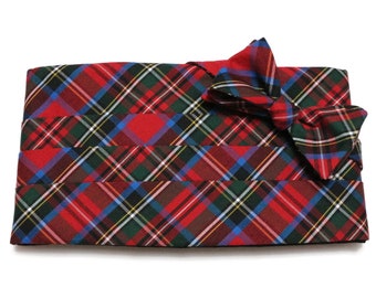 Mens Cummerbund Set~Red Blue & Green Tartan Plaid~Mens Formal Wear~Groomsmen~Groom~Self Tie Bow Tie~Men Gift~Wedding~Tartan Cummerbund