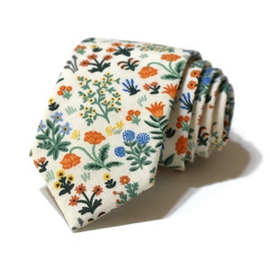 Cream Menagerie Garden Floral Necktie - Rifle Paper Co Fabric - Pocket Square - Wedding Necktie - Trendy Wedding - Wedding Gift - Handmade