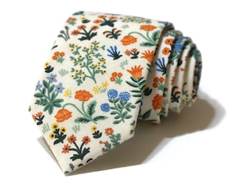 Cravate florale jardin ménagerie crème - tissu Rifle Paper Co - pochette de costume - cravate de mariage - mariage tendance - cadeau de mariage - fait main