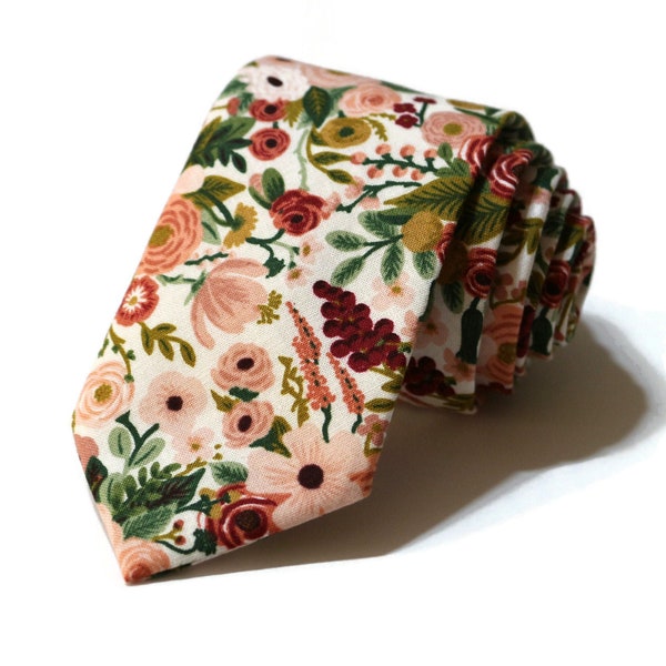 Rose Garden Party Petite Floral Necktie - Rifle Paper Co Fabric - Pocket Square - Wedding Necktie - Blush Floral Necktie- Wedding Gift