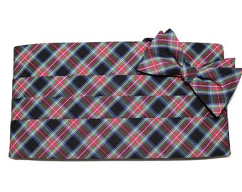 Mens Cummerbund Set~Red & Black Tartan Plaid Bow Tie~Mens Formal Wear~Groomsmen~Groom~Self Tie Bow Tie~Men Gift~Wedding~Tartan Cummerbund