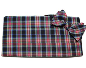 Mens Cummerbund Set~Red & Black Tartan Plaid Bow Tie~Mens Formal Wear~Groomsmen~Groom~Self Tie Bow Tie~Gift~Wedding~Tartan Cummerbund