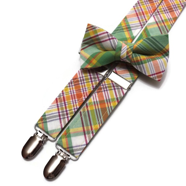 Boys Plaid Suspenders~Yellow Orange Green Pink~Wedding Suspenders~Wedding Accessory~Boy Suspender Set~Gingham~Matching Bow Tie and Suspender