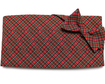 Mens Cummerbund Set~Red, Green & Blue Tartan Bow Tie~Mens Formal Wear~Groomsmen~Groom~Self Tie Bow Tie~Men Gift~Wedding~Tartan Cummerbund