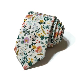 White Bramble Fields Floral Necktie - Rifle Paper Co Fabric - Pocket Square - Wedding Necktie - Trendy Wedding - Wedding Gift - Handmade