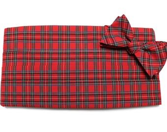 Mens Cummerbund Set~Red Stewart Tartan Plaid~Mens Formal Wear~Groomsmen~Groom~Self Tie Bow Tie~Men Gift~Wedding~Tartan Cummerbund