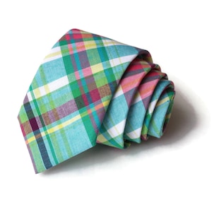 Easter Madras Necktie~Anniversary Gift~Wedding Tie~Necktie~Mens Necktie~Wedding~Mens Tie~Easter Plaid Tie~Turquoise~Green~Pink~Yellow