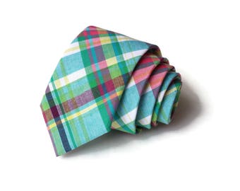 Easter Madras Necktie~Anniversary Gift~Wedding Tie~Necktie~Mens Necktie~Wedding~Mens Tie~Easter Plaid Tie~Turquoise~Green~Pink~Yellow