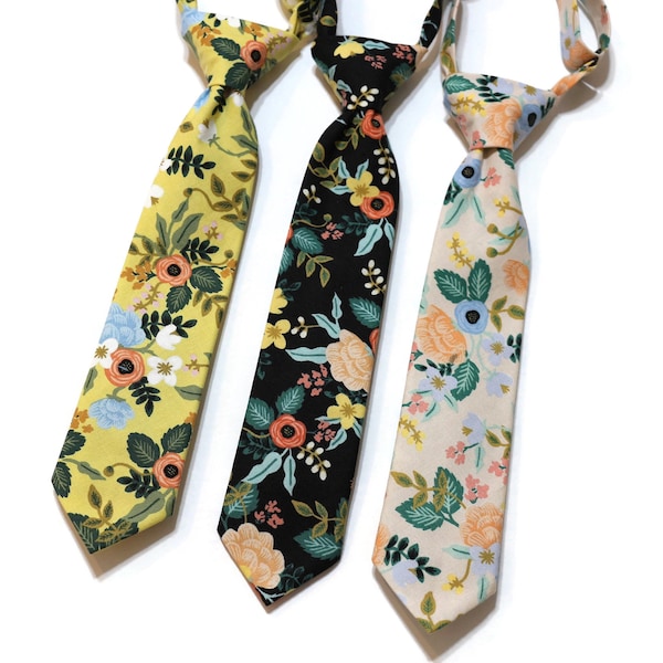 Birch Floral Boys Necktie~Cotton Necktie~Wedding Tie~Boys Pretied Necktie~Flower Tie~Boys Tie~Rifle Paper Co. Fabric~Yellow~Black~Blush