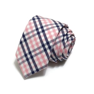 Pink and Navy Tattersall Cotton Necktie: Slim Wedding Tie