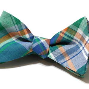Mens Madras Plaid Bow Tie~Self Tie Bow Tie~Mens Bow Tie~Groom Bow Tie~Groomsmen~Wedding Accessory~Gift~Bow Tie~Green~Orange~Royal Blue