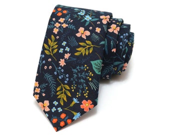 Navy Metallic Wildwood Floral Necktie - Rifle Paper Co Fabric - Pocket Square - Wedding Necktie - Trendy Wedding - Wedding Gift - Handmade