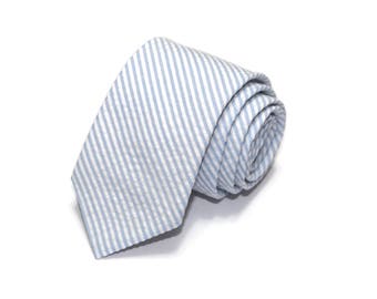 Light Blue Stripe Seersucker Necktie~Cotton Necktie~Anniversary Gift~Wedding Tie~Mens Gift~Cotton Tie~Mens Tie~Blue Tie