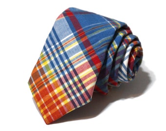 Blue, Red, Yellow Plaid Seersucker Necktie~Cotton Necktie~Anniversary Gift~Wedding Tie~Mens Gift~Cotton Tie~Mens Tie~White~Boys Tie
