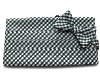 Mens Cummerbund Set~Hunter Green Gingham Check Cummerbund~Mens Formal Wear~Groomsmen~Groom~Self Tie Bow Tie~Men Gift~Wedding~Formal