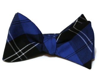 Mens Tartan Plaid Bow Tie~Cobalt Blue~Black~White~Self Tie Bow Tie~Pre-Tied Bow Tie~Plaid Bow Tie~Groom Bow Tie~Groomsmen~Christmas Tie