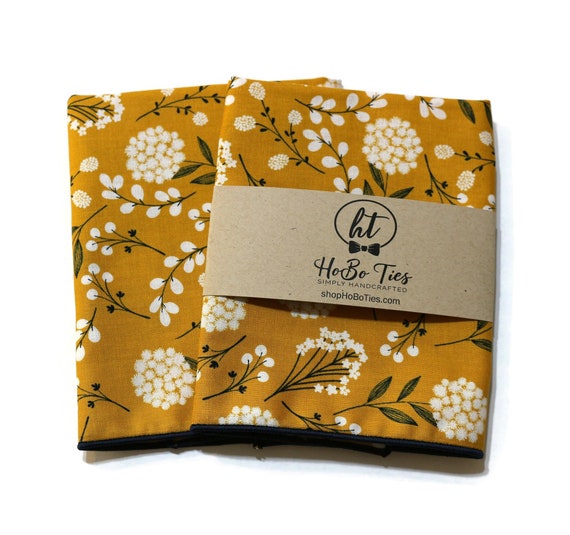 Mustard and Navy Floral Pocket Square - Wedding Accessory - Anniversary Gift - Men's Pocket Square - Gold Pocket Square - Fall Wardrobe