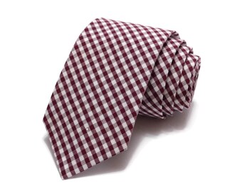 Burgundy Gingham Check Necktie~Anniversary Gift~Wedding Tie~Mens Gift~Boys Necktie~Mens Necktie~Wedding~HoBo Ties~Mens Tie~Maroon Tie