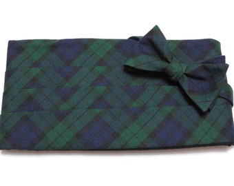 Mens Cummerbund Set~Navy Blue & Green Tartan Plaid~Mens Formal Wear~Groomsmen~Groom~Self Tie Bow Tie~Men Gift~Wedding~Blackwatch Cummerbund