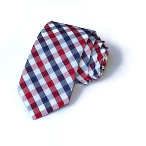 Red & Navy Plaid Check Mens Necktie~Cotton Necktie~Anniversary Gift~Wedding Tie~Mens Gift~Skinny Tie~Red White and blue Necktie