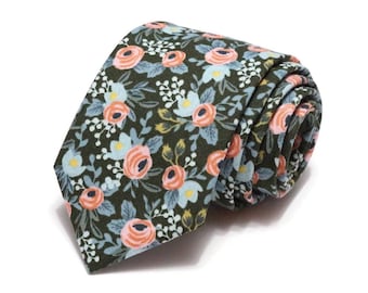 Hunter Rosa Floral Necktie~Anniversary Gift~Mens Gift~Flower Tie~Mens Necktie~Wedding~HoBo Ties~Mens Skinny Tie~Boys Tie~Dark Green Forest