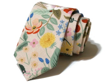 Blush Strawberry Fields Floral Necktie - Rifle Paper Co Fabric - Wedding Tie - Handmade - Trendy Wedding - Cotton Anniversary- Pocket Square