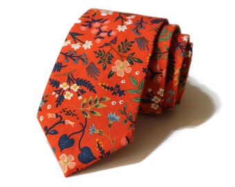 Red Metallic Wildwood Floral Necktie~Anniversary Gift~Mens Gift~Flower Tie~Mens Necktie~Wedding~HoBo Ties~Mens Skinny Tie~Blue~Pink~Peach