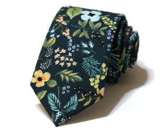 Navy Amalfi Herb Garden Floral Necktie - Rifle Paper Co Fabric - Pocket Square - Wedding Necktie - Trendy Wedding - Wedding Gift - Handmade