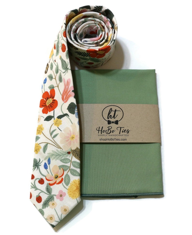 Ivory Strawberry Fields Floral Necktie Rifle Paper Co Fabric Pocket Square Wedding Necktie Handmade Necktie Wedding Gift image 5
