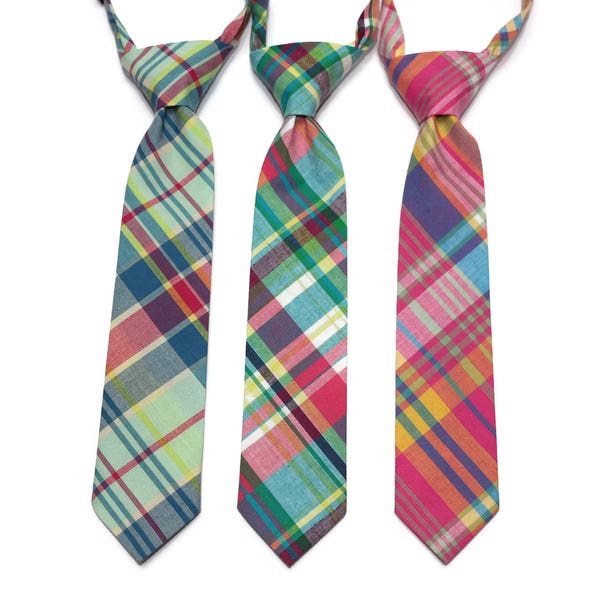 Madras Plaid Boys Necktie~Cotton Necktie~Wedding Tie~Boys Pretied Necktie~Plaid Necktie~Pink~Yellow~Mint~Green~Blue~Easter Tie