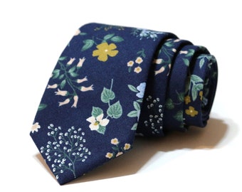 Navy Hawthorne Floral Necktie~Anniversary Gift~Mens Gift~Flower Tie~Mens Necktie~Wedding~HoBo Ties~Mens Skinny Tie~Strawberry Fields