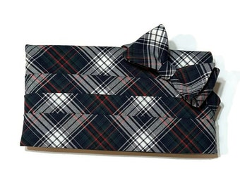 Mens Cummerbund Set~Navy Blue, Green & Red Tartan Plaid~Mens Formal Wear~Groomsmen~Groom~Self Tie Bow Tie~Men Gift~Wedding~Tartan Cummerbund