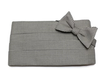 Mens Houndstooth Cummerbund and Self Tie Bow Tie Set